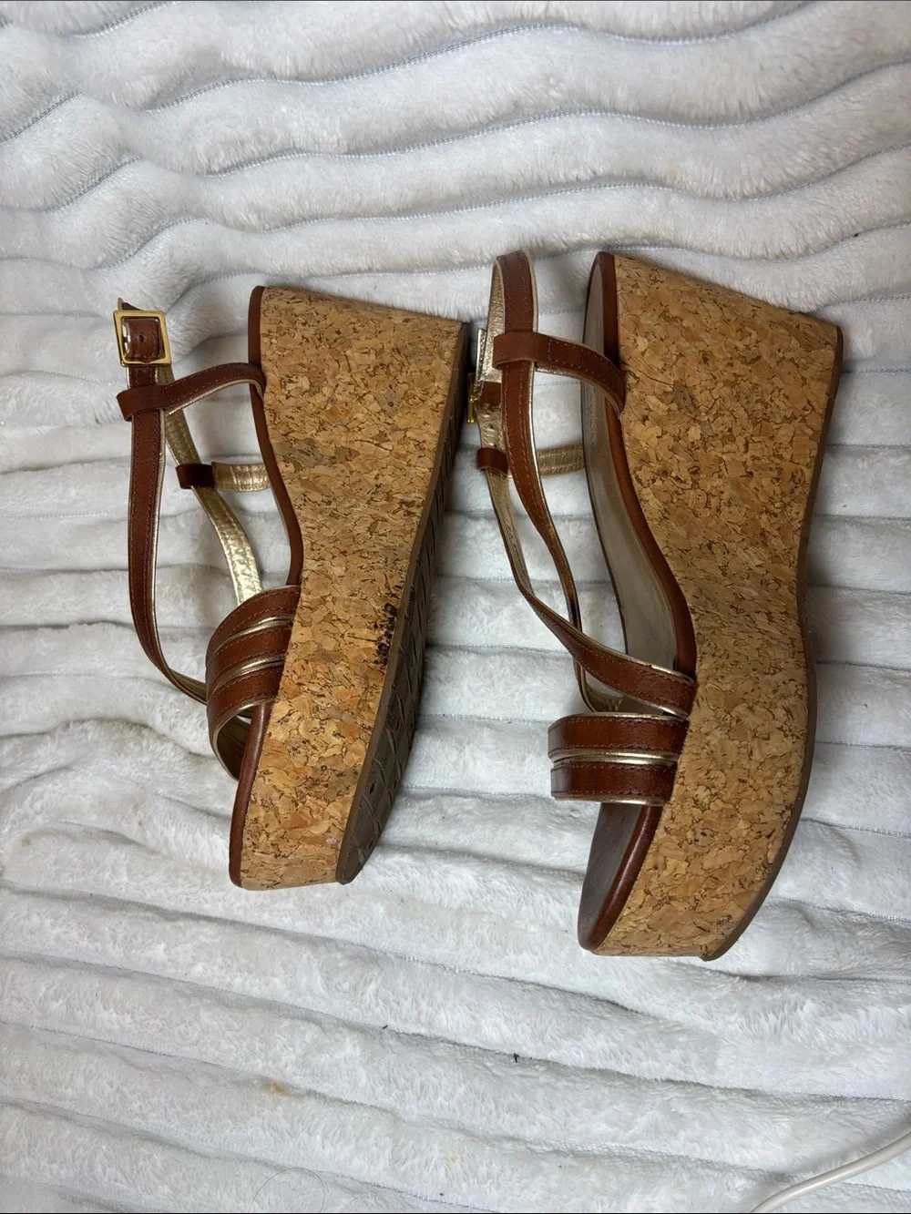 Kate Spade New York Brown/Gold Strappy Platform Cork Wedge Sandals EUC Size 8
